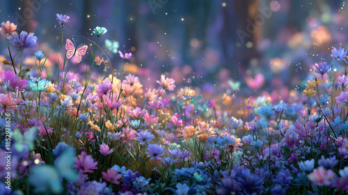 Enchanting spring landscape filled with colorful flowers and delicate butterflies in a fantasy setting at dawn