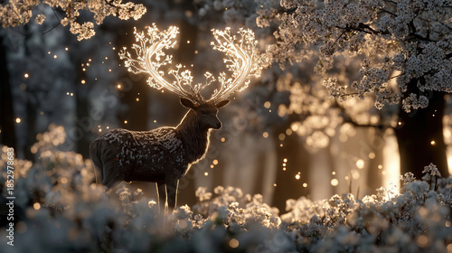 Magical deer stands among glowing spring blossoms under a shimmering light in a fantasy forest setting