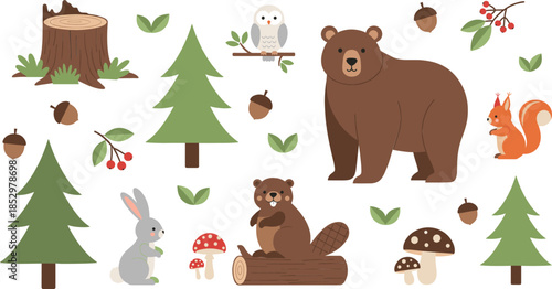 Cute forest animals and woodland elements vector set with bear rabbit squirrel trees mushrooms
