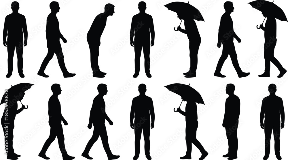 Obraz premium Man Silhouette Collection Showing Walking Standing and Holding Umbrella Poses Black Human Figure Set for Urban Lifestyle Weather and Motion Concepts