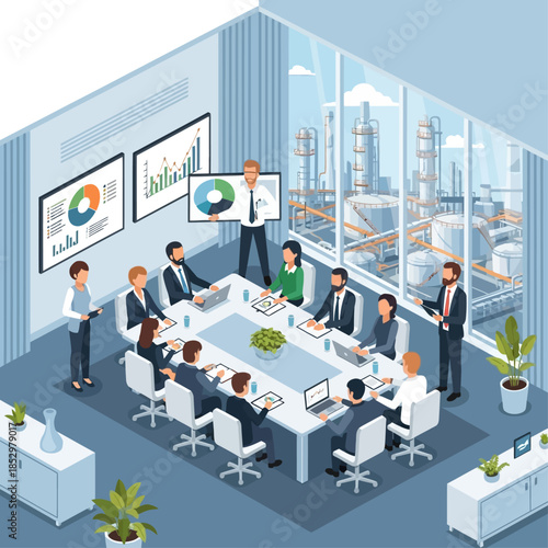 Isometric view of a business meeting in a modern office with professionals discussing data and charts, overlooking an industrial plant.