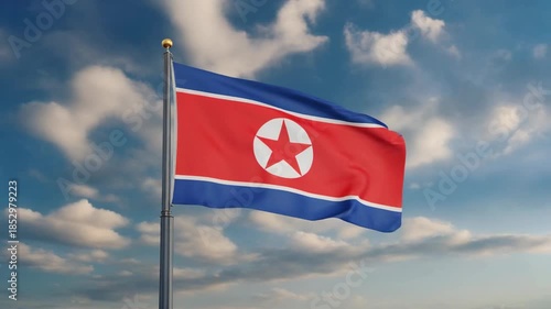 North Korea Flag on a Flagpole Waving against a Scenic Sky with Clouds, National Symbol