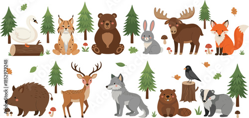 Cute forest animals vector illustration set with woodland wildlife trees mushrooms and cartoon nature characters