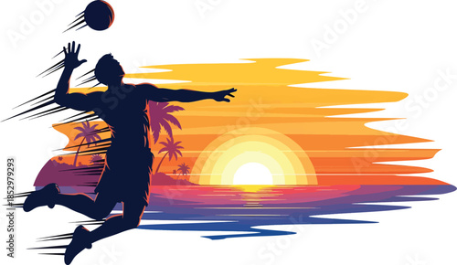 Basketball Player Sunset Action Illustration – Dynamic Slam Dunk Silhouette, Outdoor Sports Energy Scene, Modern Athletic Vector Art