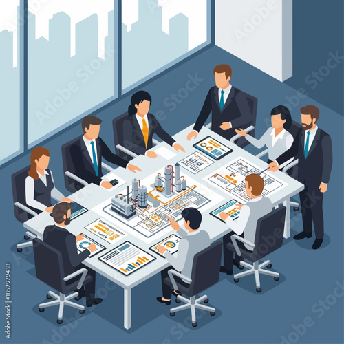 Business professionals in a meeting discussing industrial project plans and financial reports.