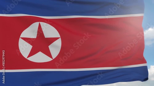 Close-up North Korea Flag Waving with Bright Sunlight, Symbol of Democratic People's Republic