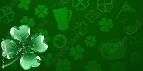 St Patricks day illustration with cartoon style, featuring shamrocks, beer, and pot of gold on green background.