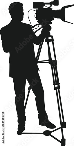 Professional videographer silhouette adjusting camera on tripod black vector illustration isolated on white background broadcast television media production concept