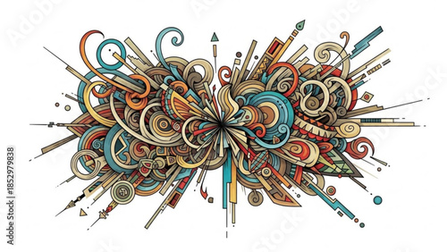Vibrant abstract art with swirling colorful pencils and drawing tools on white background, creative design