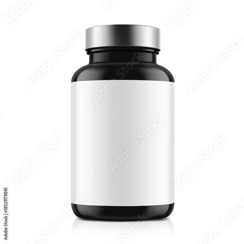 Black pill bottle mockup with label for treats, vitamins, supplements isolated on white background. Vector illustration. Ready for your design. EPS10.