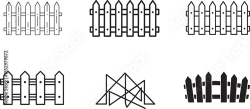 Wooden Picket Fence and Garden Boundary Barrier Icon Set Featuring Various Linear and Geometric Styles for Residential Property Security Design