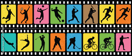 Sports Silhouette Film Strip Banner Featuring Athletes in Action, Colorful Vector Illustration for Fitness, Motion, Competition, and Dynamic Sports Design