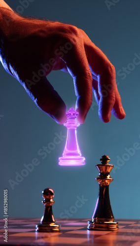 Canvastavla Purple glowing queen chess piece hovering above opposing king
