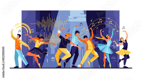 Vibrant diverse group of people dancing energetically together in colorful outfits with music notes