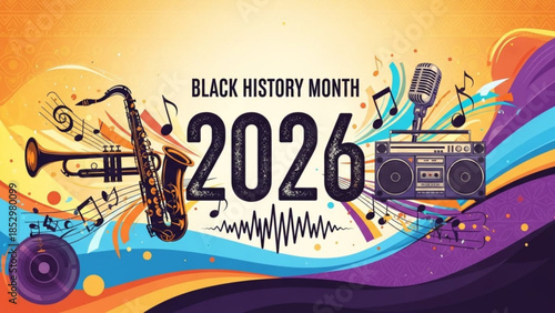 Vibrant black history month 2026 celebration with musical instruments and colorful abstract waves