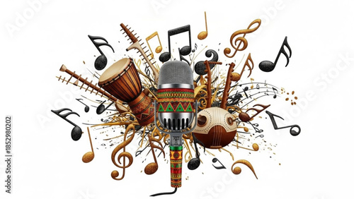 Vibrant musical instruments and notes around a microphone, colorful eclectic mix of global music culture