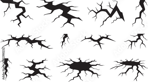 Cracked Ground Texture Vector Set. Broken Earth Fracture Illustration.