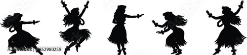 Traditional Hawaiian hula dancer silhouettes performing tropical island dance movements, cultural folk performance isolated on white background illustration