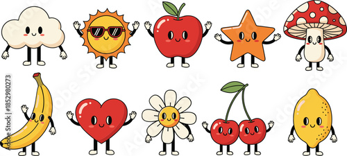 Cute kawaii cartoon characters vector set with smiling fruits sun cloud star flower and mushroom