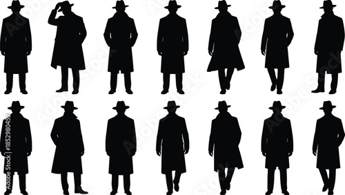 Vintage noir detective silhouettes wearing trench coats and fedora hats, mysterious walking men isolated on white background illustration
