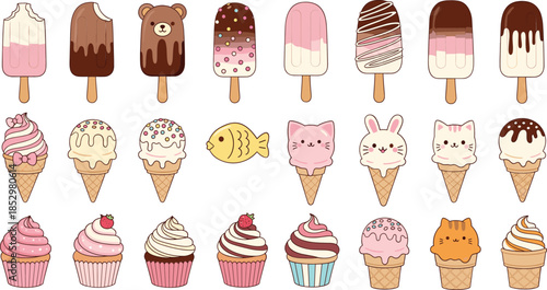 Cute kawaii ice cream and cupcake desserts vector set with pastel sweets and cartoon characters