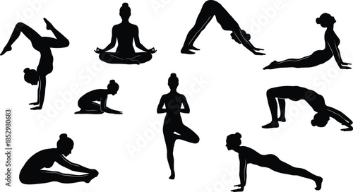 Yoga silhouette pose set featuring women performing meditation, balance, stretching, and flexibility exercises in calm black flat icon style