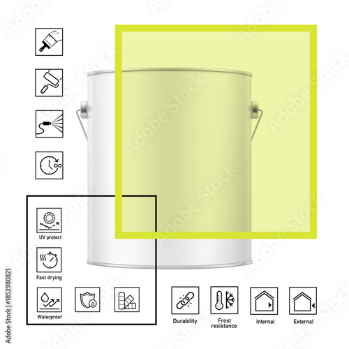 Realistic metal bucket with a handle and set icons. Vector illustration isolated on white background. Perfect for your design. EPS10.