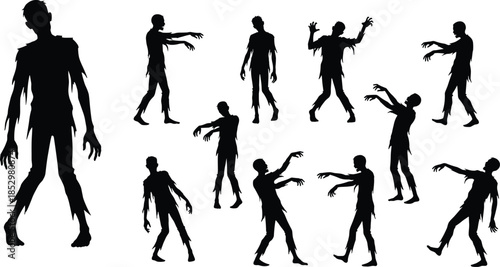 Zombie Silhouette Set Showing Walking Undead Figures in Horror Poses, Creepy Halloween Characters, Scary Apocalypse Illustration Collection for Dark Themes