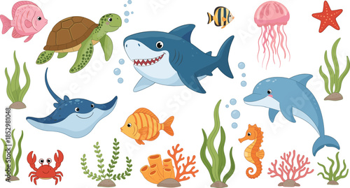 Cute ocean animals vector illustration set with shark dolphin turtle fish jellyfish and coral characters