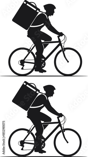 Delivery man riding bicycle with courier bag silhouette set