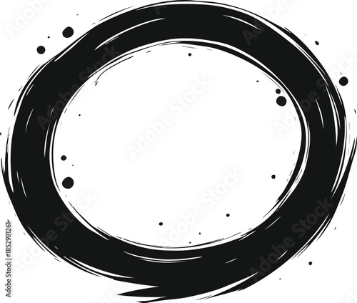 Enso Black Circle Hand Drawn Brush Stroke with Ink Splatter Isolated on White
