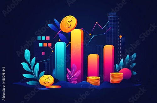 Illustrative Finance Chart Ascend: Graphic Representing Financial Growth and Investment Success on City Backdrop with Colorful Charts