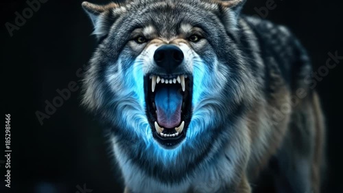 Ferocious wolf growling with sharp teeth in dark environment.