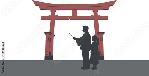 Silhouette of a man and child standing in front of a traditional Japanese torii gate, symbolizing cultural heritage and exploration.
