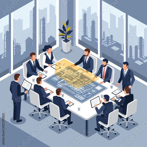 Business professionals in a modern meeting room discussing industrial blueprints with an urban factory backdrop.