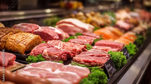 Variety of raw steaks and meats on display at a grocery store.