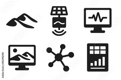 Arid Monitoring Tools Icons. Solid style icons of arid landscape monitoring tools: dune outlines, sensor panels, pulse markers,
