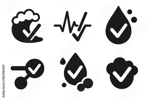 Sea Foam Icons. Solid style icons of sea foam checkmarks: foamy waves, tick markers, pulse indicators, water droplets, milestone