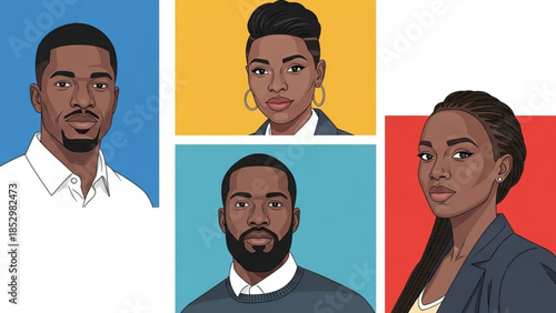 Diverse group of four people with different backgrounds and expressions smiling