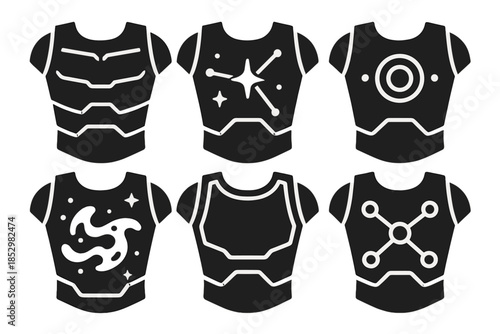 Interstellar Breastplate Icons. Solid style icons of interstellar breastplates: armor plates, star maps, pulse markers, nebula