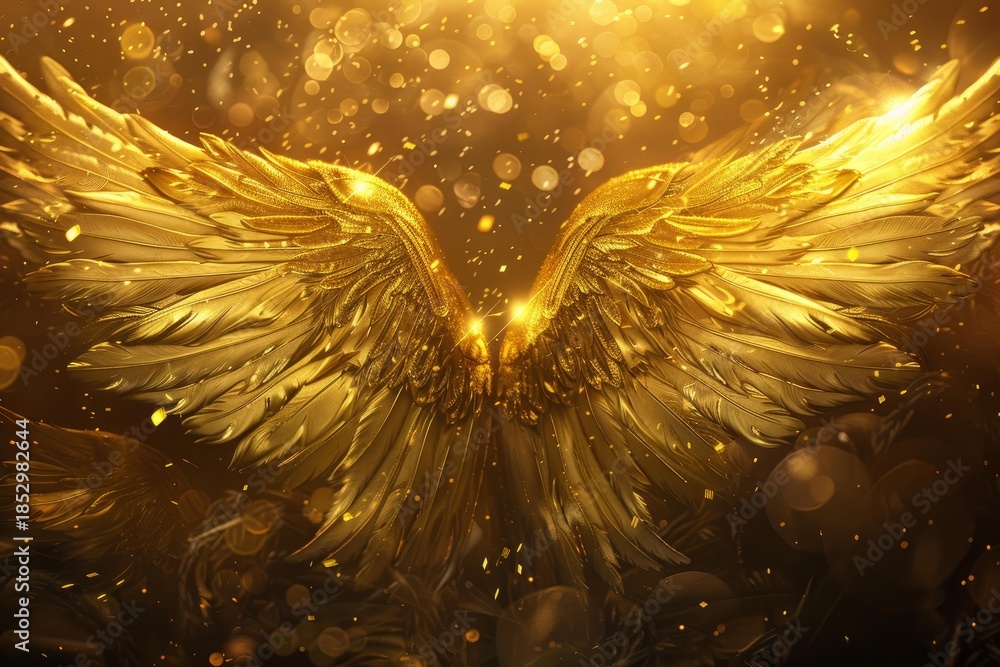 Fototapeta premium Large golden feathered wings shining with bright light on a dark, mysterious background