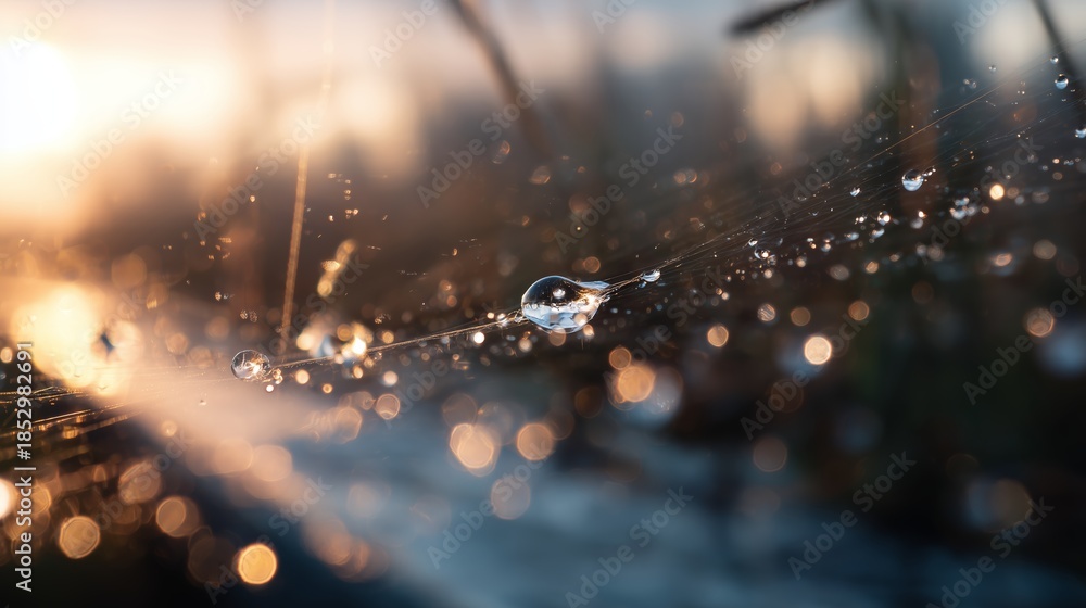 Obraz premium Morning light reflects off water droplets on a spider web in a natural setting
