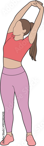 Woman stretching her arms above her head, engaging in a healthy exercise routine, fitness and wellness concept, yoga, morning workout, and active lifestyle illustration.