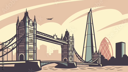 London skyline features tower bridge and the shard, perfect for travel brochures, websites, and tourism marketing materials seeking iconic architecture views.