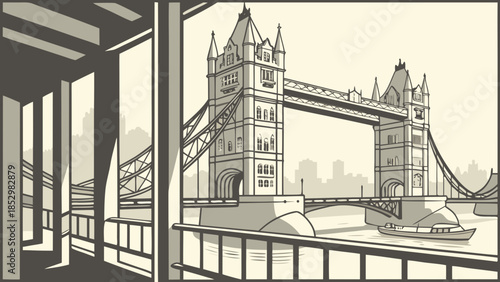 London skyline featuring tower bridge and a boat, beautifully framed by window bars over water. Ideal for travel brochures and cityscape banners.