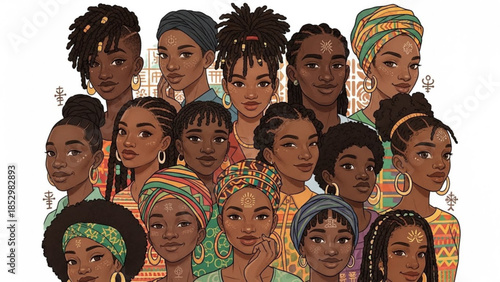 Diverse group of young black women with colorful head wraps and hairstyles looking forward