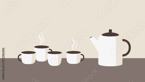 Illustration of a white teapot and four steaming cups of hot beverage on a table.