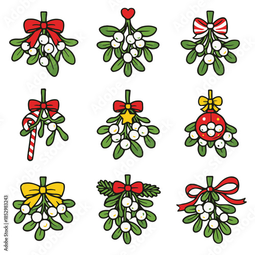 Mistletoe Icons Set – Flat Minimal Christmas Mistletoe Vector Collection