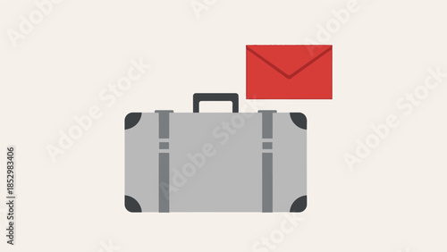 Illustration of a gray suitcase with a red envelope, symbolizing travel communication and sending messages while on a journey.