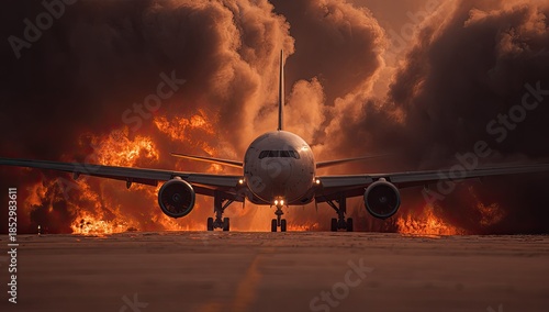 Large passenger jet on a tarmac, surrounded by intense fire and thick, dark smoke